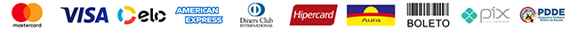 Formas de pagamento: Visa, Mastercard, Diners Club, Aura, Elo, Hipercard, American Express, Boleto, PIX, PDDE